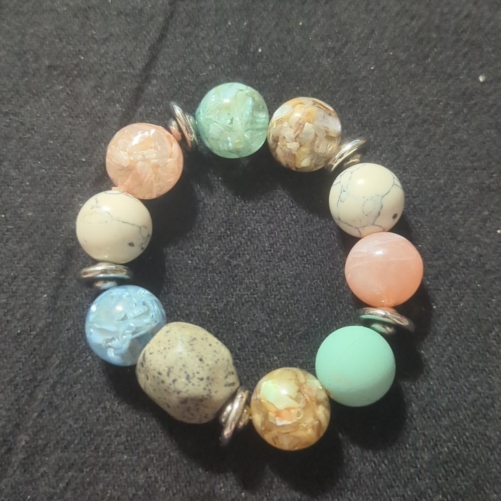 Silver Tone Pastel Chunky Beaded Stretchy Elastic Statement Bracelet